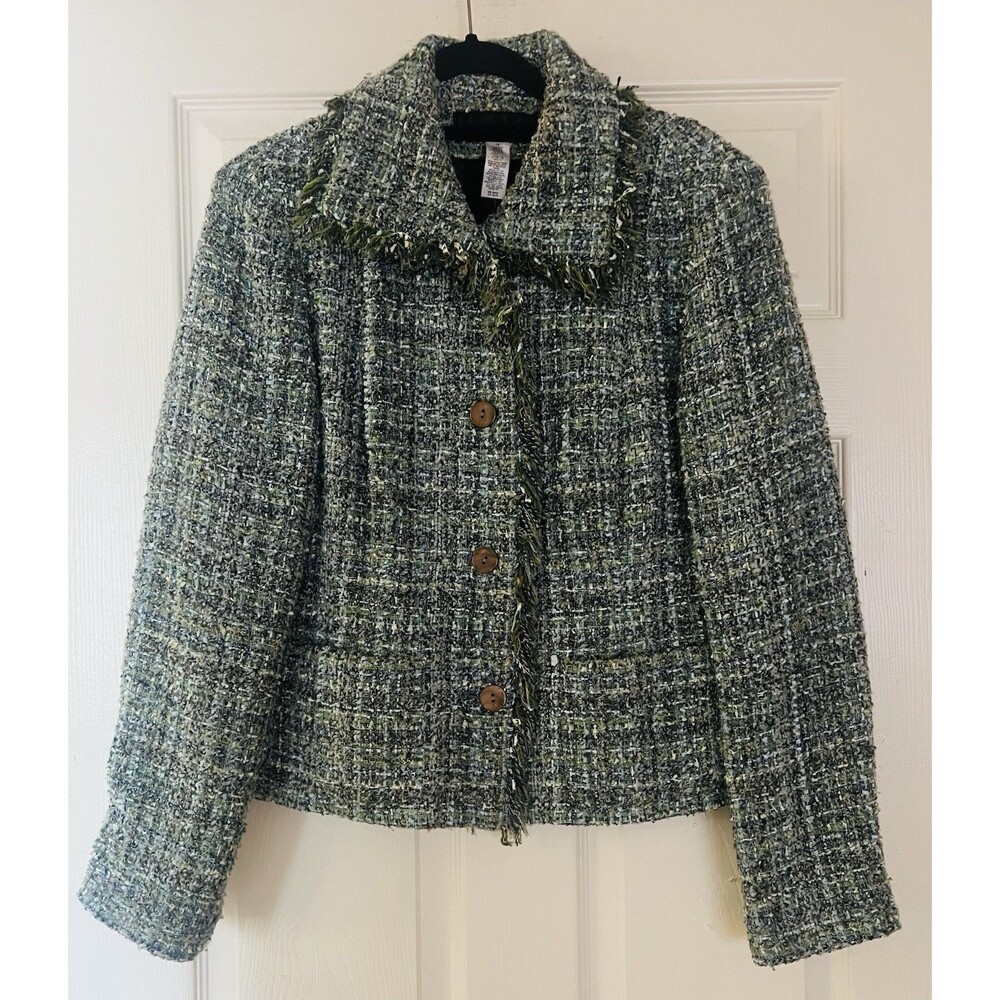VTG Jones New York Green Tweed Boucle Blazer Jacket Fringe Wool Blend Sz 14 Y2K